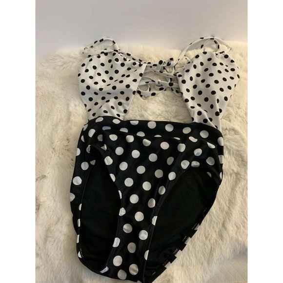 Hula Honey Women's Black White Polka Dot Strappy Small One Piece Swim Suit - Picture 4 of 7